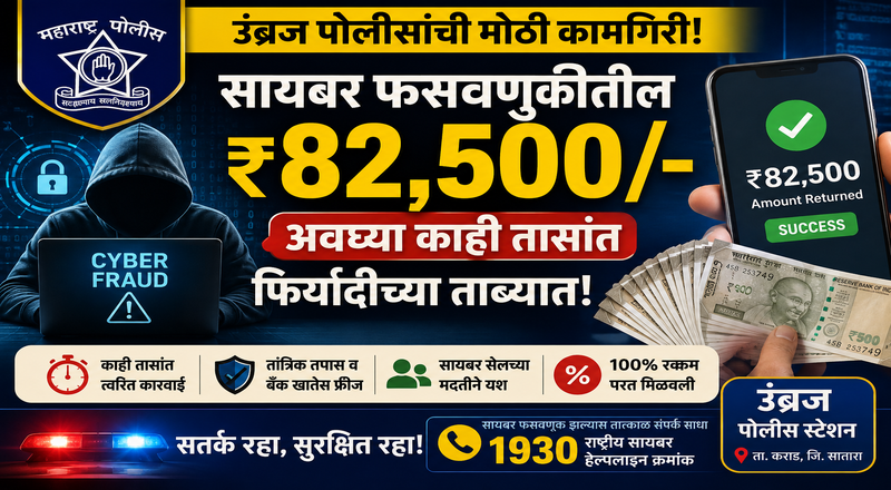 उंब्रज पोलिसांची तत्परता; सायबर फसवणुकीतील ₹82,500 अवघ्या काही तासांत परत उंब्रज पोलिसांची तत्परता; सायबर फसवणुकीतील ₹82,500 अवघ्या काही तासांत परत