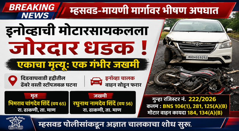 म्हसवड-मायणी मार्गावर इनोव्हा-मोटारसायकलची धडक; एकाचा मृत्यू, एक गंभीर जखमी